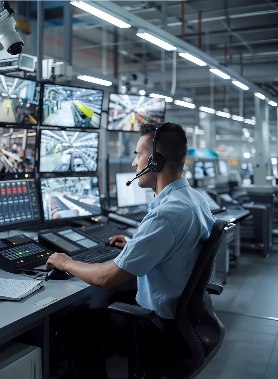 Control room operator in a blue shirt wearing a headset, monitoring multiple surveillance screens in a factory setting.